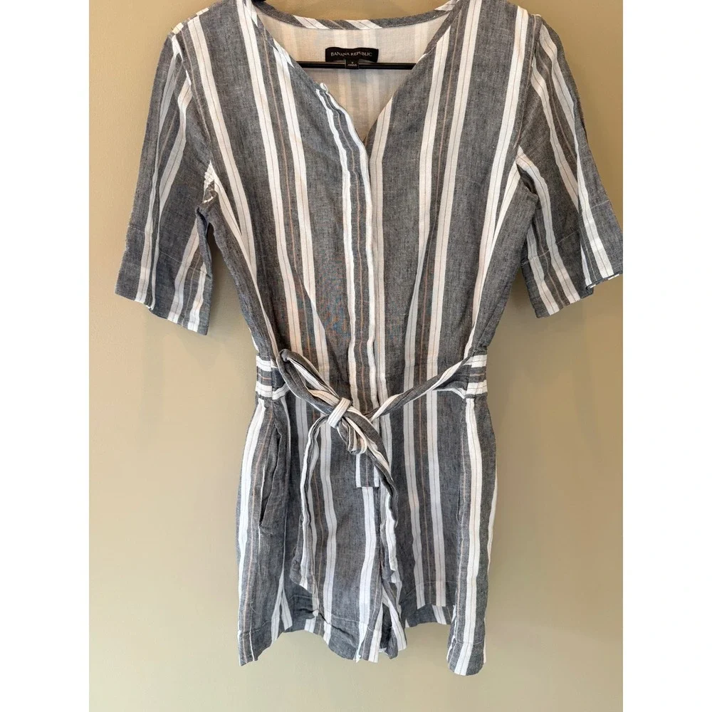 Banana Republic‎ Womens Grey White Striped Linen Cotton Romper Size 2